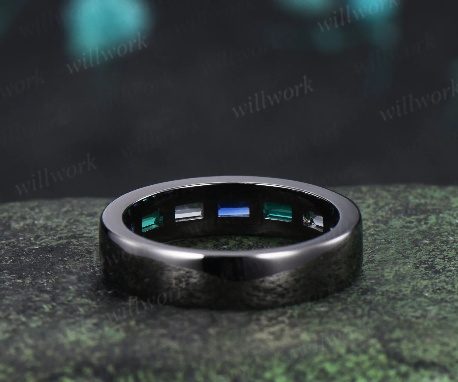 Baguette cut emerald sapphire alexandrite men wedding ring gothic black gold half eternity 5mm mens anniversary ring sold by Willwork Jewelry product image thumbnail 2