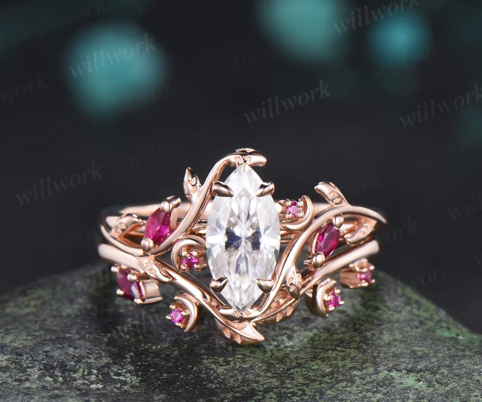 Marquise cut moissanite ring set leaf moon twig ring ruby accents nature inspired bridal set made by Willwork Jewelry