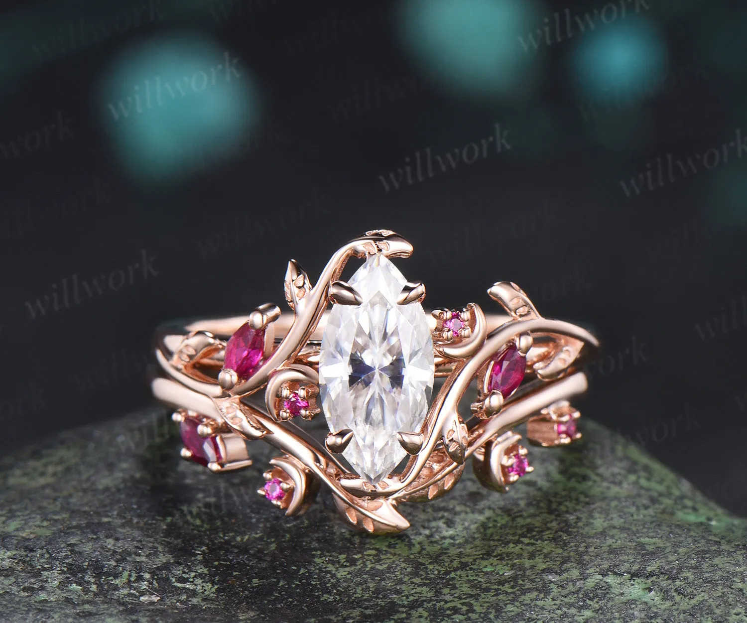 Marquise cut moissanite ring set leaf moon twig ring ruby accents nature inspired bridal set sold by Willwork Jewelry