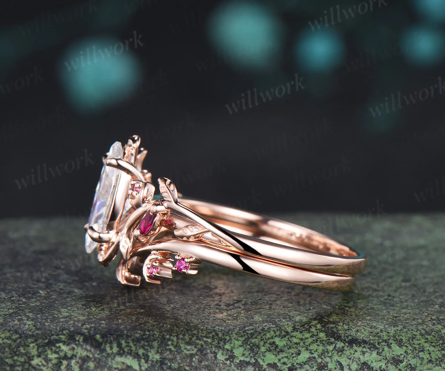 Marquise cut moissanite ring set leaf moon twig ring ruby accents nature inspired bridal set sold by Willwork Jewelry product image thumbnail 3