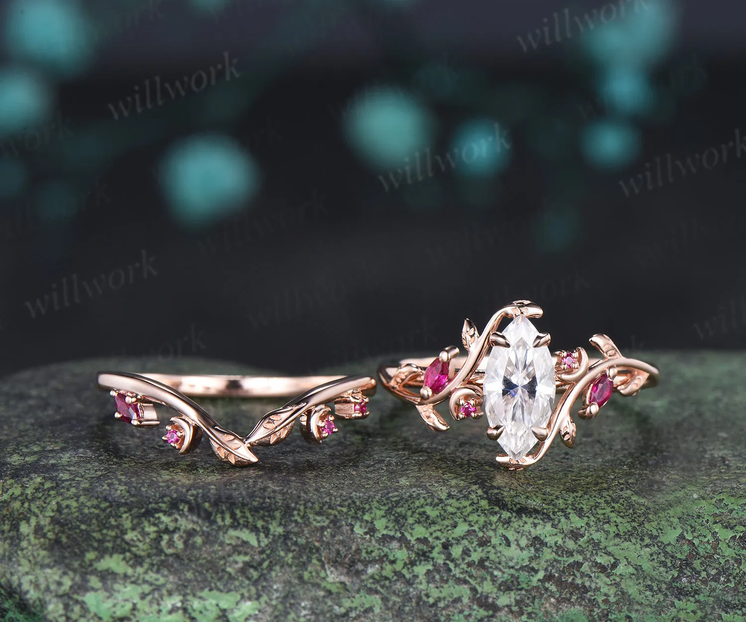 Marquise cut moissanite ring set leaf moon twig ring ruby accents nature inspired bridal set sold by Willwork Jewelry product image thumbnail 4