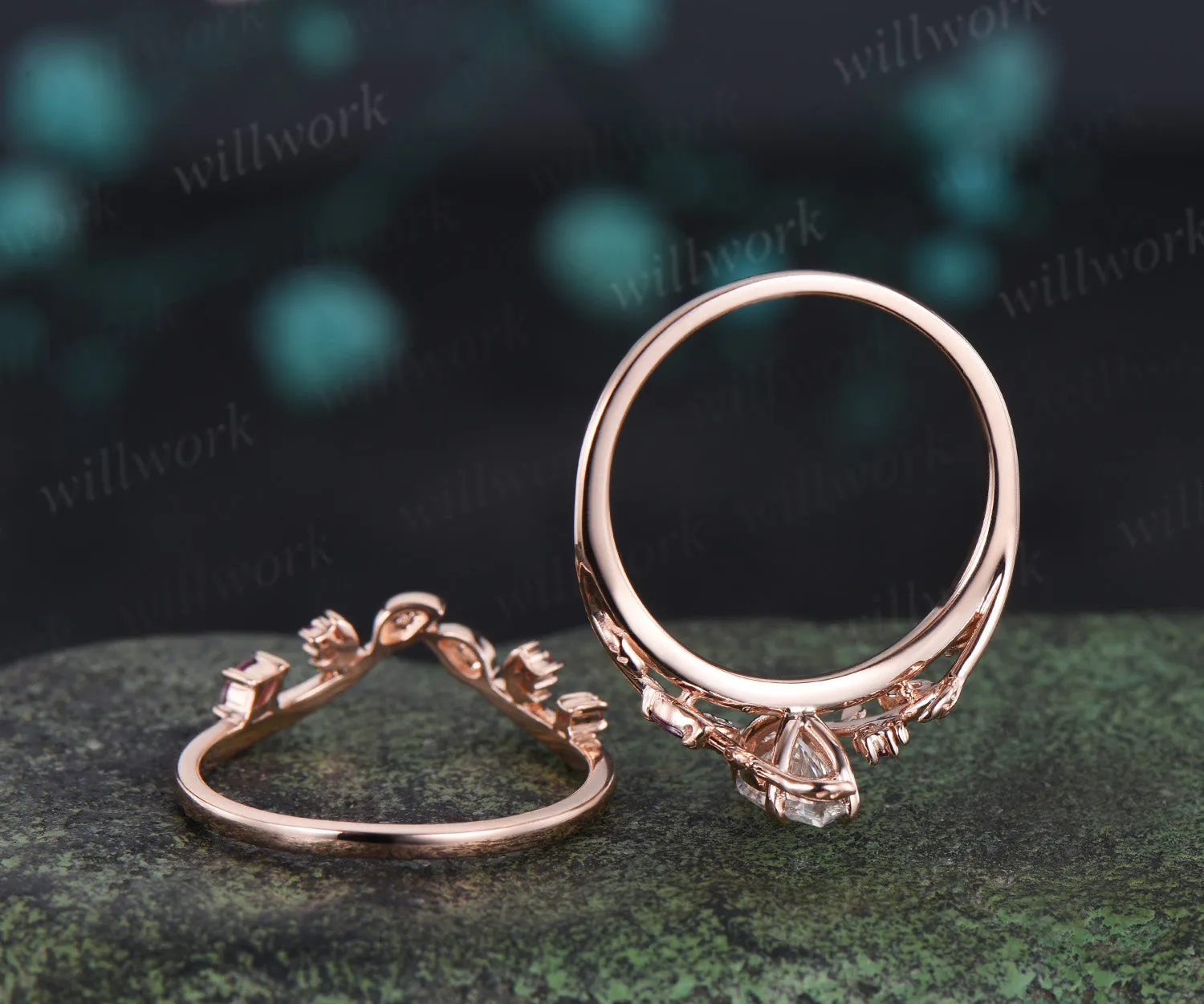 Marquise cut moissanite ring set leaf moon twig ring ruby accents nature inspired bridal set sold by Willwork Jewelry product image thumbnail 5
