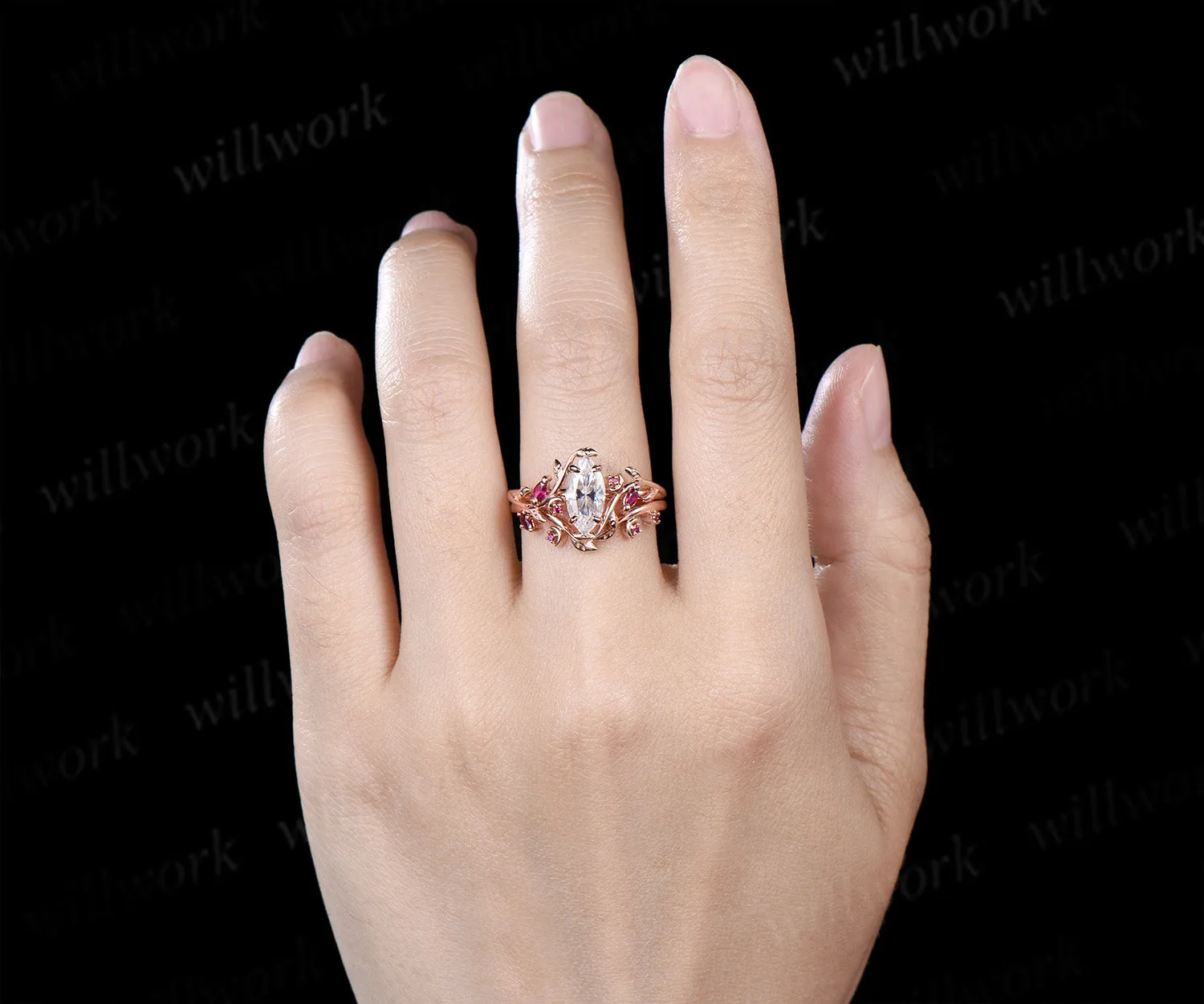 Marquise cut moissanite ring set leaf moon twig ring ruby accents nature inspired bridal set sold by Willwork Jewelry product image thumbnail 2