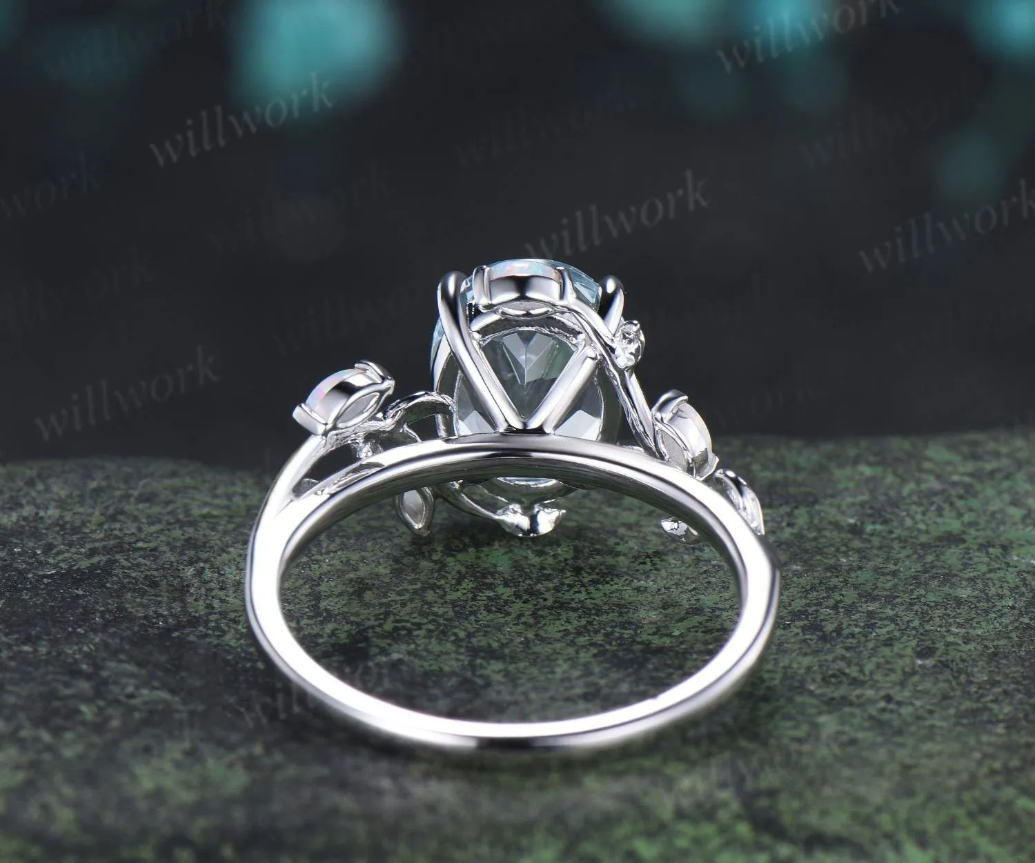 3ct oval cut aquamarine engagement ring 14k 18k white gold five stone marquise opal ring V prong unique promise wedding ring jewelry sold by Willwork Jewelry product image thumbnail 4