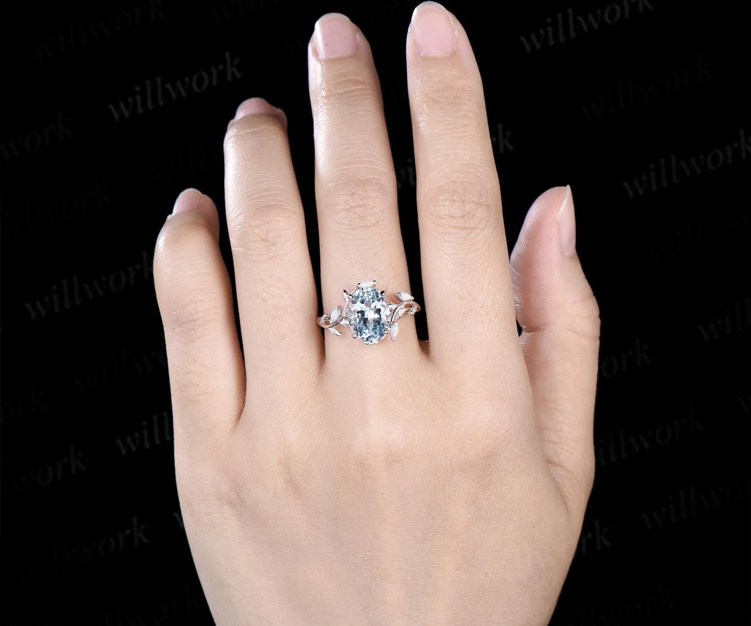 3ct oval cut aquamarine engagement ring 14k 18k white gold five stone marquise opal ring V prong unique promise wedding ring jewelry sold by Willwork Jewelry product image thumbnail 2