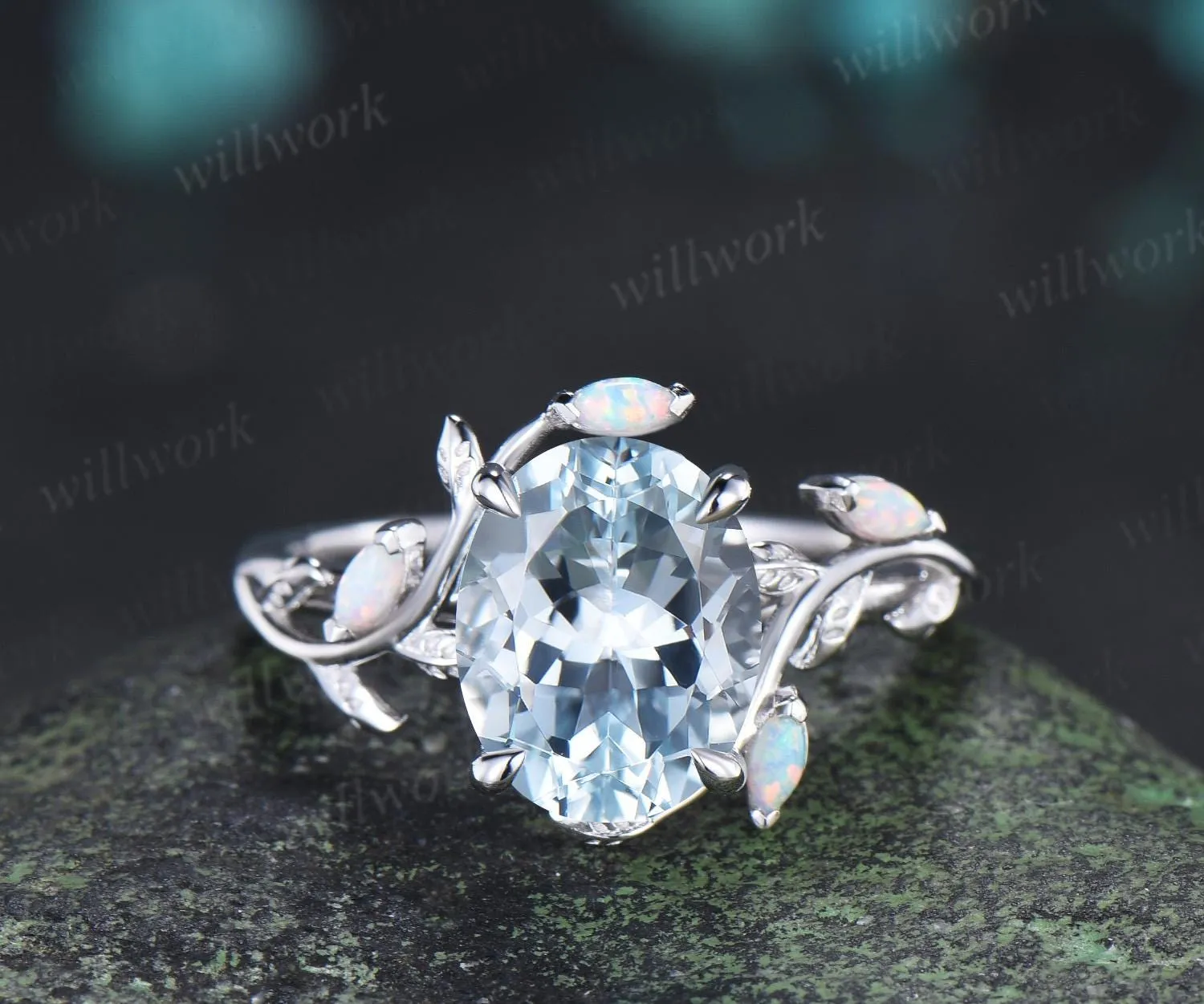 3ct oval cut aquamarine engagement ring 14k 18k white gold five stone marquise opal ring V prong unique promise wedding ring jewelry sold by Willwork Jewelry