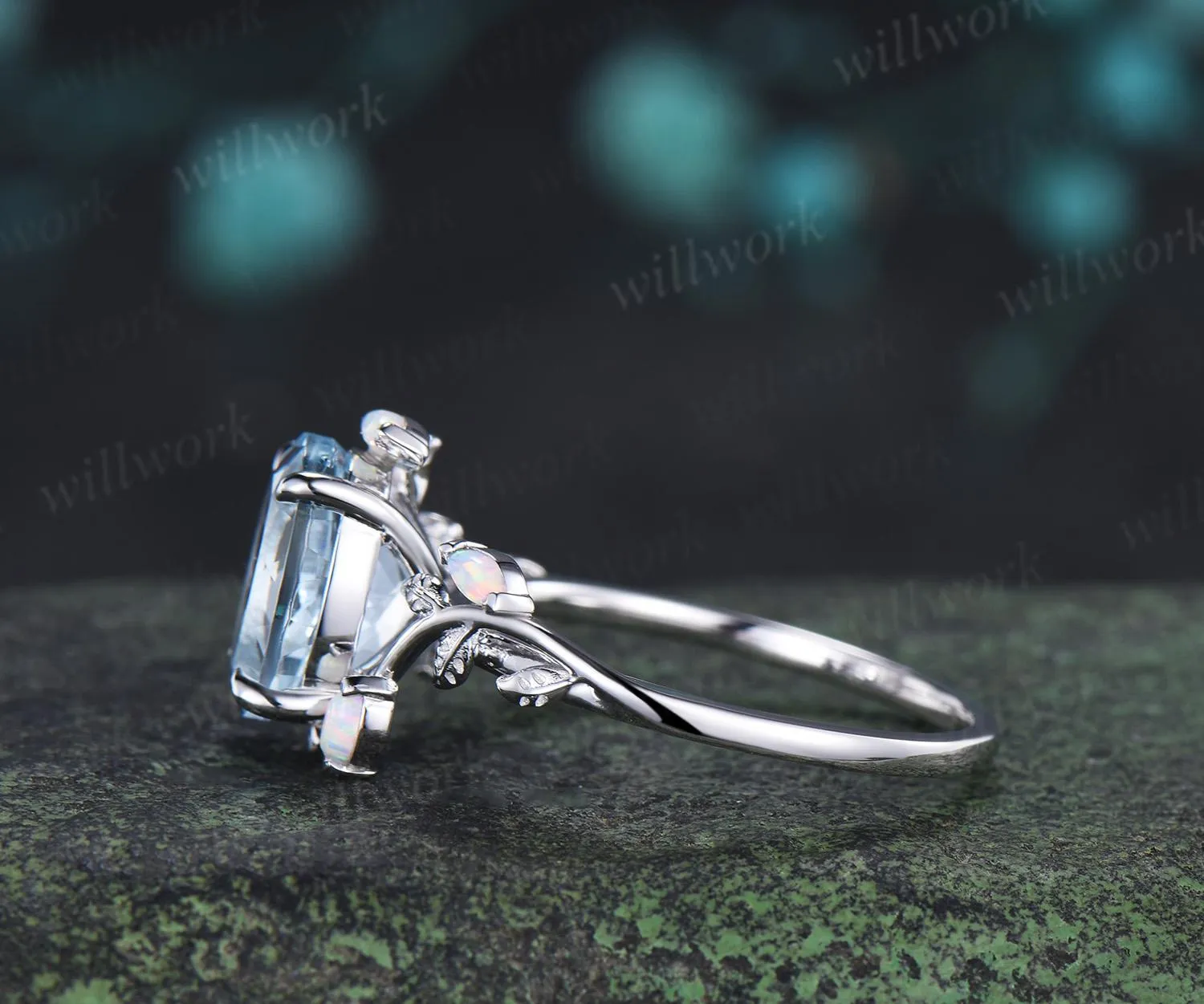 3ct oval cut aquamarine engagement ring 14k 18k white gold five stone marquise opal ring V prong unique promise wedding ring jewelry sold by Willwork Jewelry product image thumbnail 5