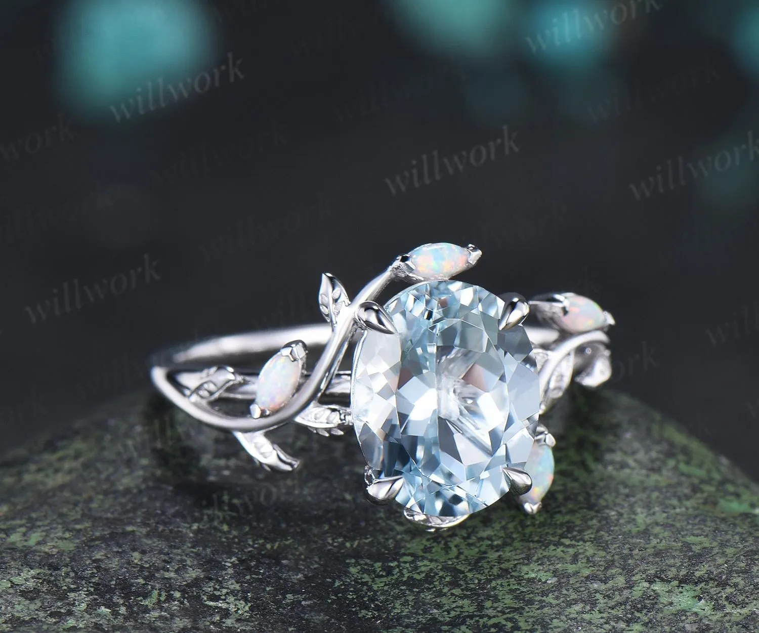 3ct oval cut aquamarine engagement ring 14k 18k white gold five stone marquise opal ring V prong unique promise wedding ring jewelry sold by Willwork Jewelry product image thumbnail 3