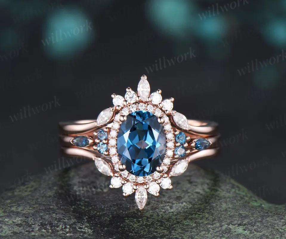 Oval cut London blue topaz ring rose gold vintage halo engagement ring moissanite stacking bridal wedding ring set women silver made by Willwork Jewelry