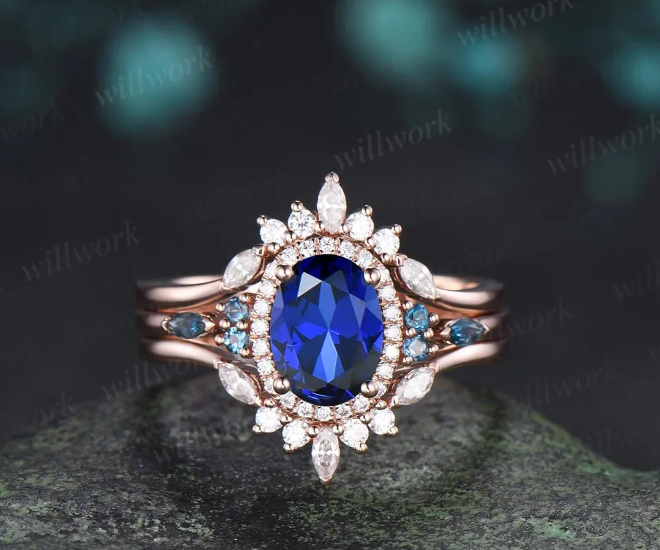 Oval cut sapphire ring 14k rose gold vintage halo engagement ring London blue topaz stacking bridal wedding ring set women jewelry made by Willwork Jewelry