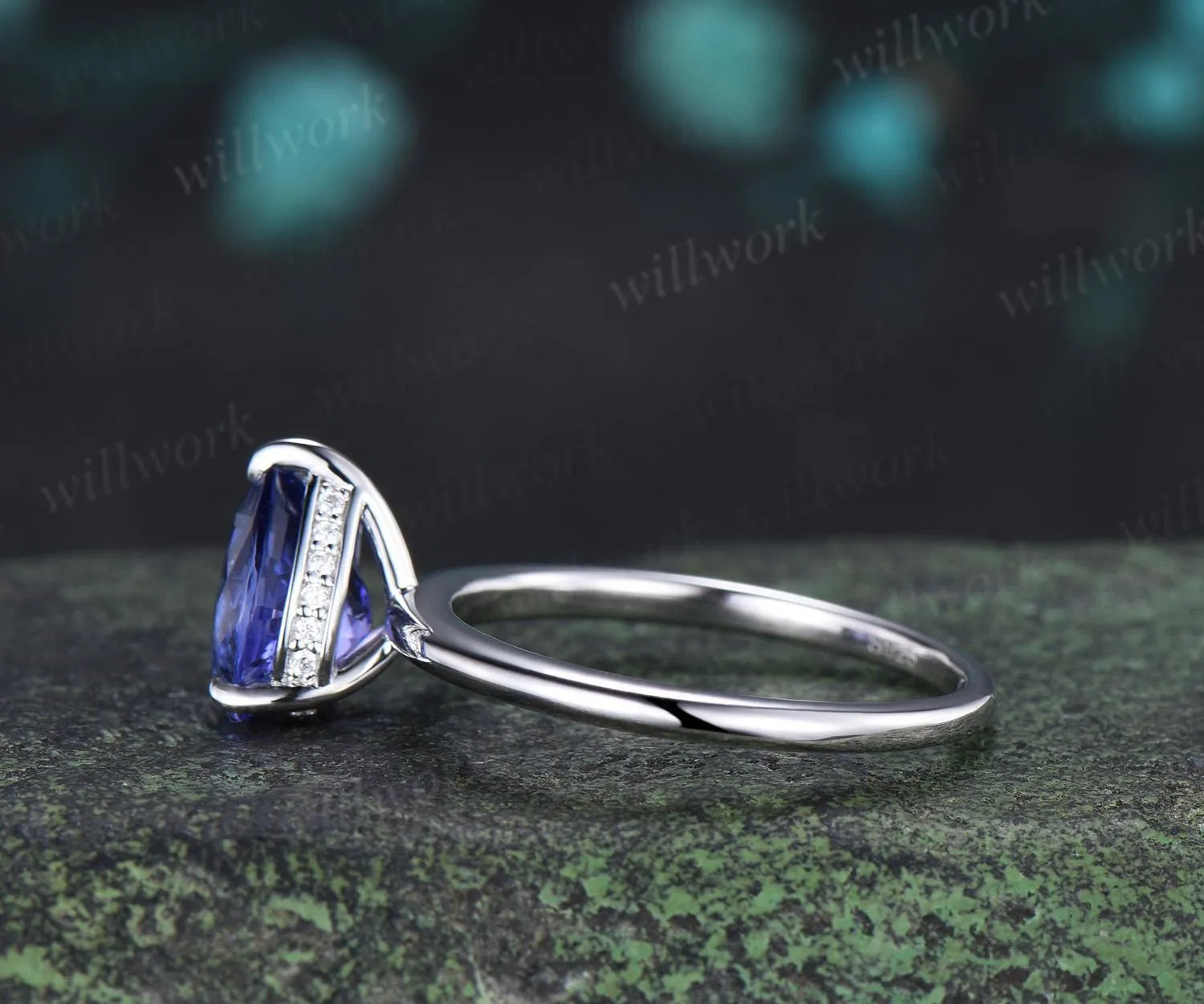 Pear cut natural Tanzanite engagement ring solid 14k white gold hidden halo diamond vintage wedding promise ring women jewelry sold by Willwork Jewelry product image thumbnail 4