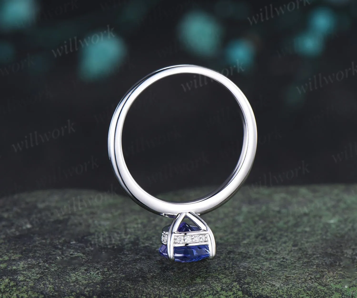 Pear cut natural Tanzanite engagement ring solid 14k white gold hidden halo diamond vintage wedding promise ring women jewelry sold by Willwork Jewelry product image thumbnail 5