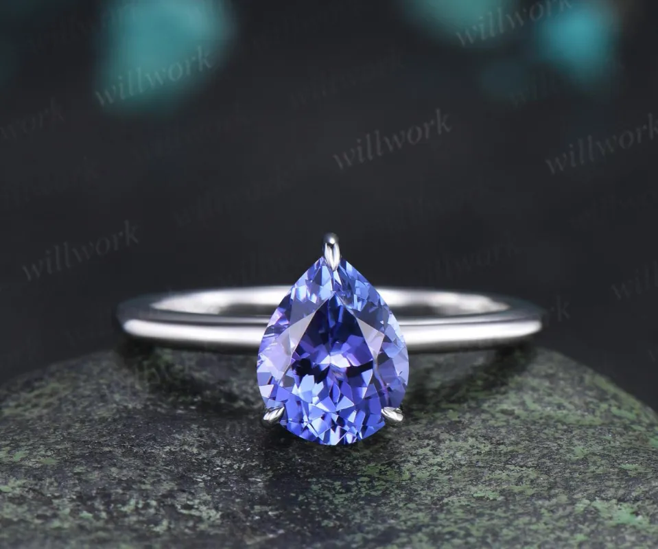 Pear cut natural Tanzanite engagement ring solid 14k white gold hidden halo diamond vintage wedding promise ring women jewelry made by Willwork Jewelry