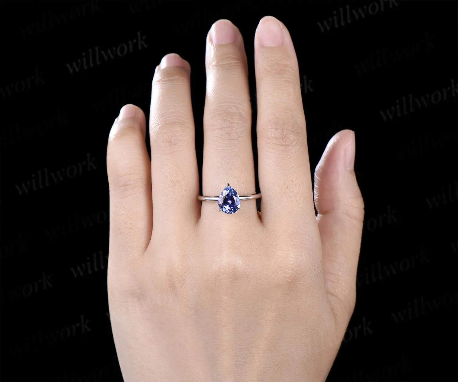 Pear cut natural Tanzanite engagement ring solid 14k white gold hidden halo diamond vintage wedding promise ring women jewelry sold by Willwork Jewelry product image thumbnail 2