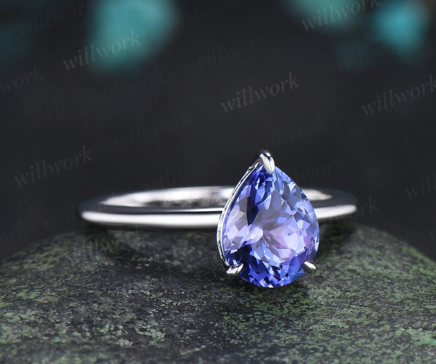 Pear cut natural Tanzanite engagement ring solid 14k white gold hidden halo diamond vintage wedding promise ring women jewelry sold by Willwork Jewelry product image thumbnail 3