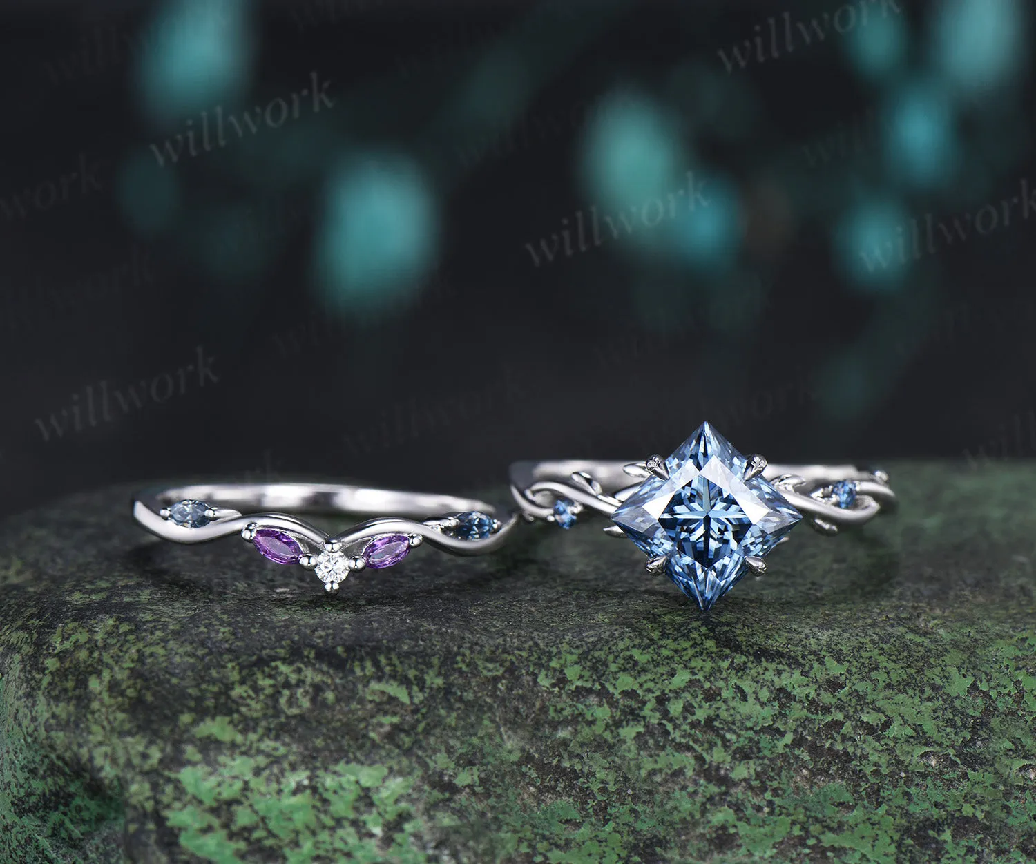 Princess Cut Blue Moissanite Ring Set Twig Branch Engagement Ring Amethyst Accents Twisted Wedding Band Unique Bridal Set sold by Willwork Jewelry product image thumbnail 5