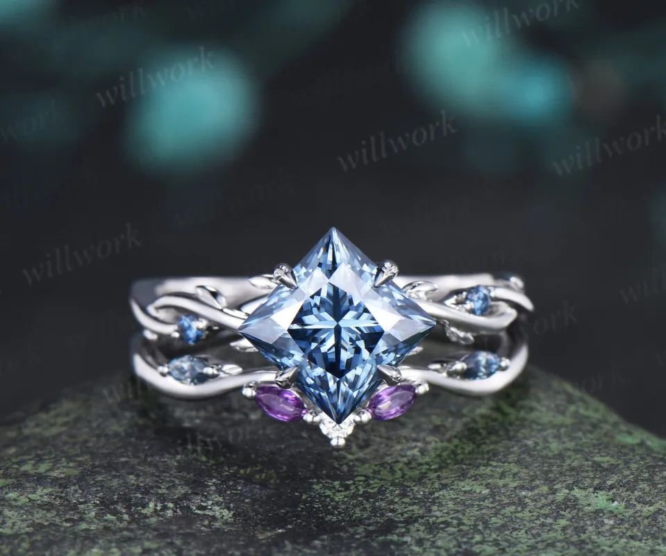 Princess Cut Blue Moissanite Ring Set Twig Branch Engagement Ring Amethyst Accents Twisted Wedding Band Unique Bridal Set made by Willwork Jewelry