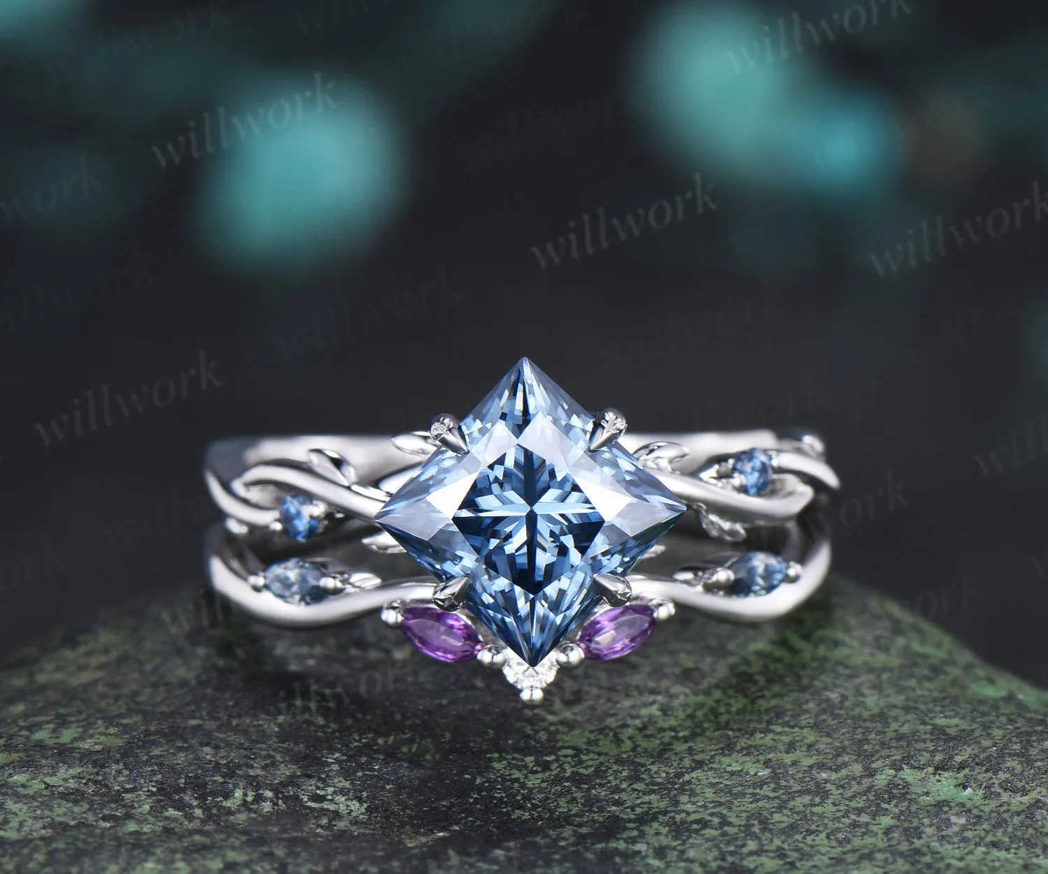 Princess Cut Blue Moissanite Ring Set Twig Branch Engagement Ring Amethyst Accents Twisted Wedding Band Unique Bridal Set sold by Willwork Jewelry