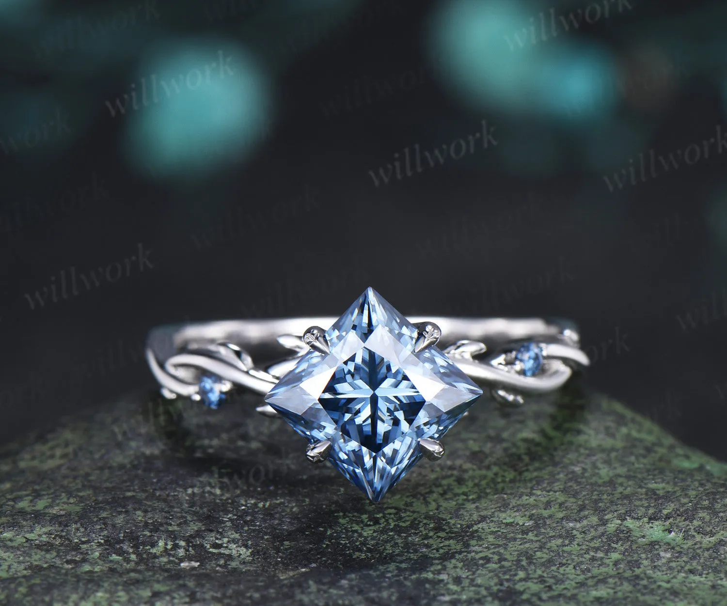 Princess Cut Blue Moissanite Ring Set Twig Branch Engagement Ring Amethyst Accents Twisted Wedding Band Unique Bridal Set sold by Willwork Jewelry product image thumbnail 3