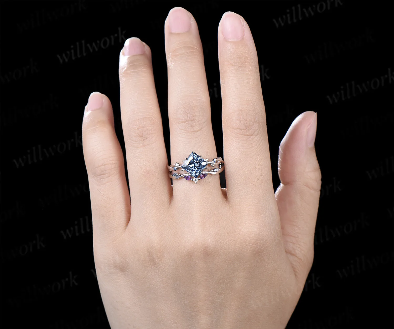 Princess Cut Blue Moissanite Ring Set Twig Branch Engagement Ring Amethyst Accents Twisted Wedding Band Unique Bridal Set sold by Willwork Jewelry product image thumbnail 2