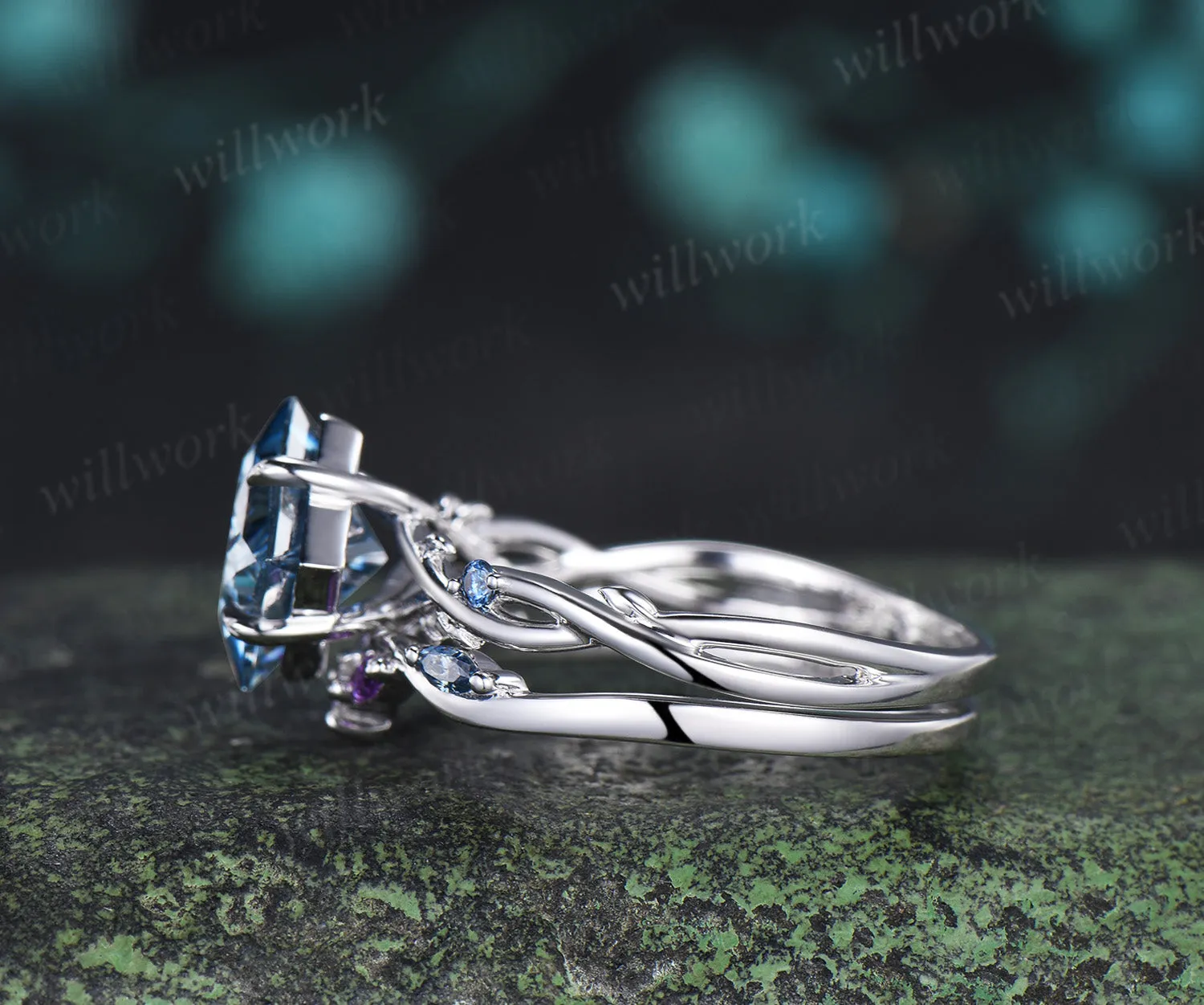 Princess Cut Blue Moissanite Ring Set Twig Branch Engagement Ring Amethyst Accents Twisted Wedding Band Unique Bridal Set sold by Willwork Jewelry product image thumbnail 4