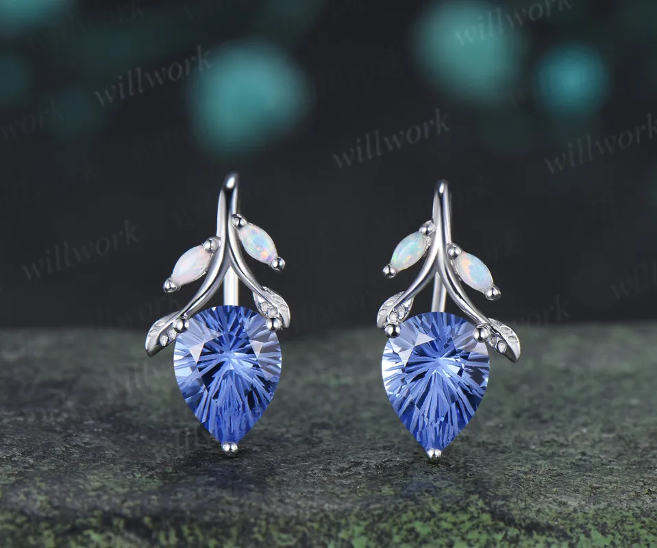 Pear Shaped Fireworks Cut Cornflower Blue Sapphire Hook Earrings Leaf Vine Opal Accent Earrings Gifts for Her made by Willwork Jewelry