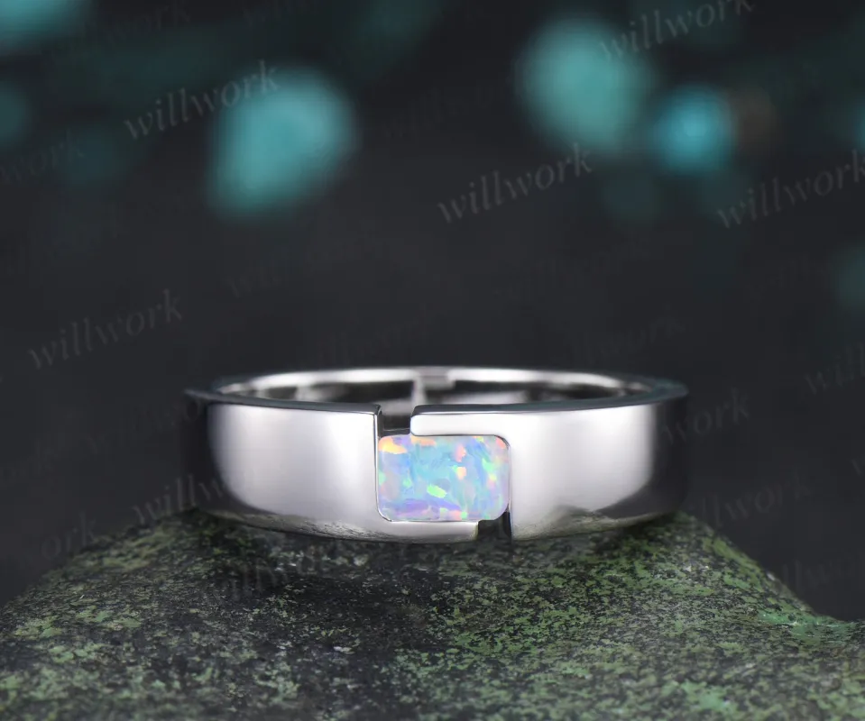 Emerald Cut Opal Mens Engagement Ring Tension Cut Solitaire Minimalist Wedding Ring Anniversary Gifts made by Willwork Jewelry