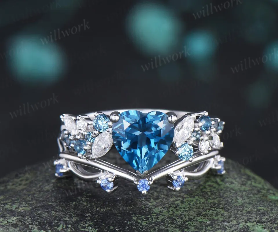 Heart shaped London blue topaz engagement ring set cluster Swiss blue topaz natural cornflower Sapphire ring white gold promise ring jewelry made by Willwork Jewelry