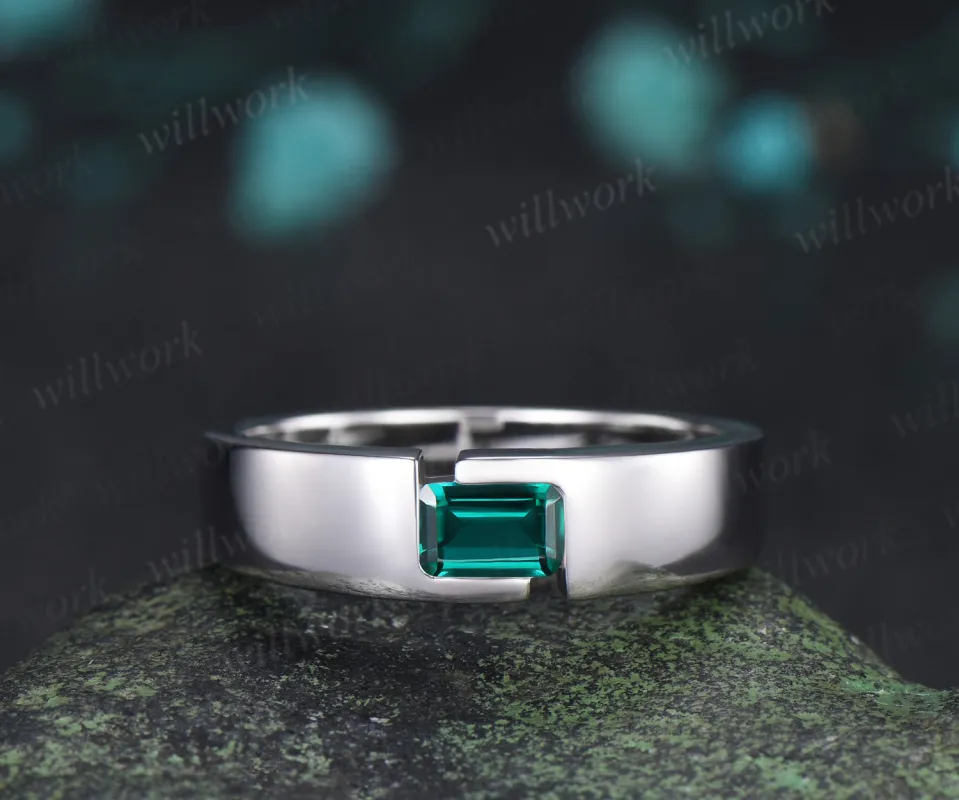 Emerald Cut Emearld Mens Engagement Ring Tension Cut Solitaire Minimalist Wedding Ring May Birthstone Ring made by Willwork Jewelry