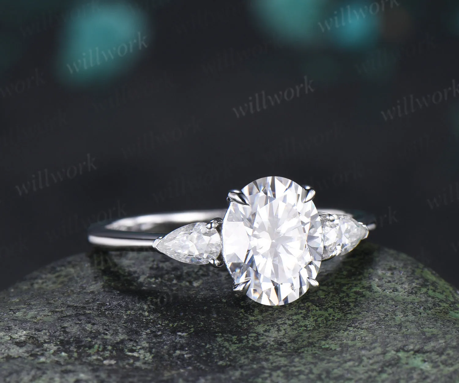 2ct oval cut moissanite engagement ring three stone pear moissanite accent promise ring gifts for her sold by Willwork Jewelry product image thumbnail 4