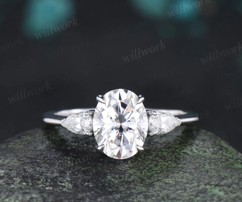 2ct oval cut moissanite engagement ring three stone pear moissanite accent promise ring gifts for her made by Willwork Jewelry