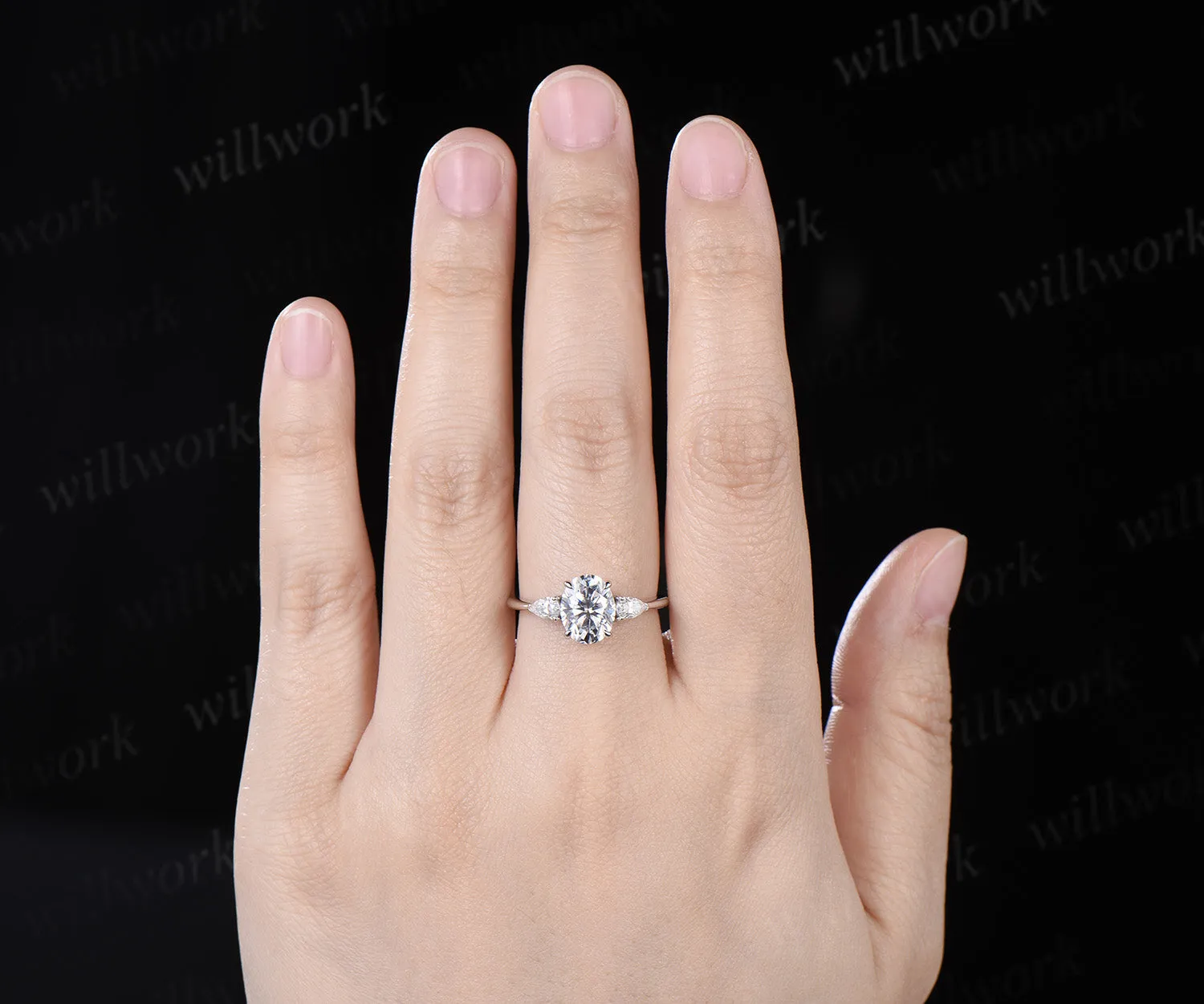 2ct oval cut moissanite engagement ring three stone pear moissanite accent promise ring gifts for her sold by Willwork Jewelry product image thumbnail 2