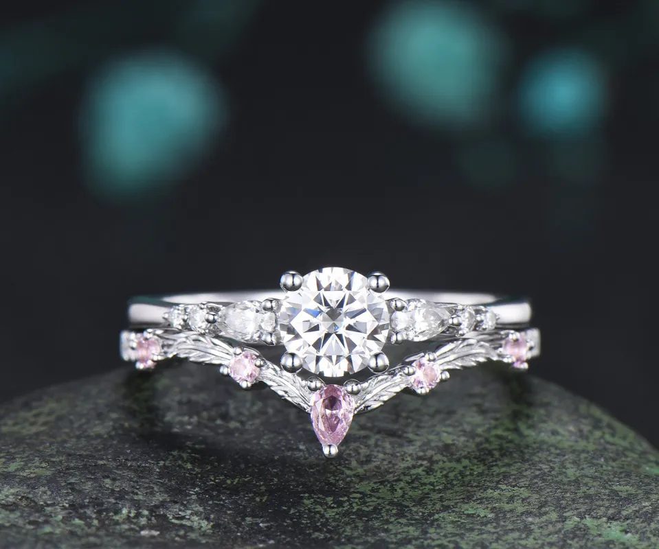 Round Moissanite Engagement Ring Set Minimalist Seven Stone Ring Curved Morganite Band Unique Moissanite Bridal Set made by Willwork Jewelry