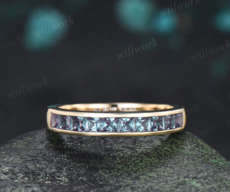 Princess Cut Alexandrite Wedding Band Channel Set Color Change Half Eternity Ring Stackable Band made by Willwork Jewelry