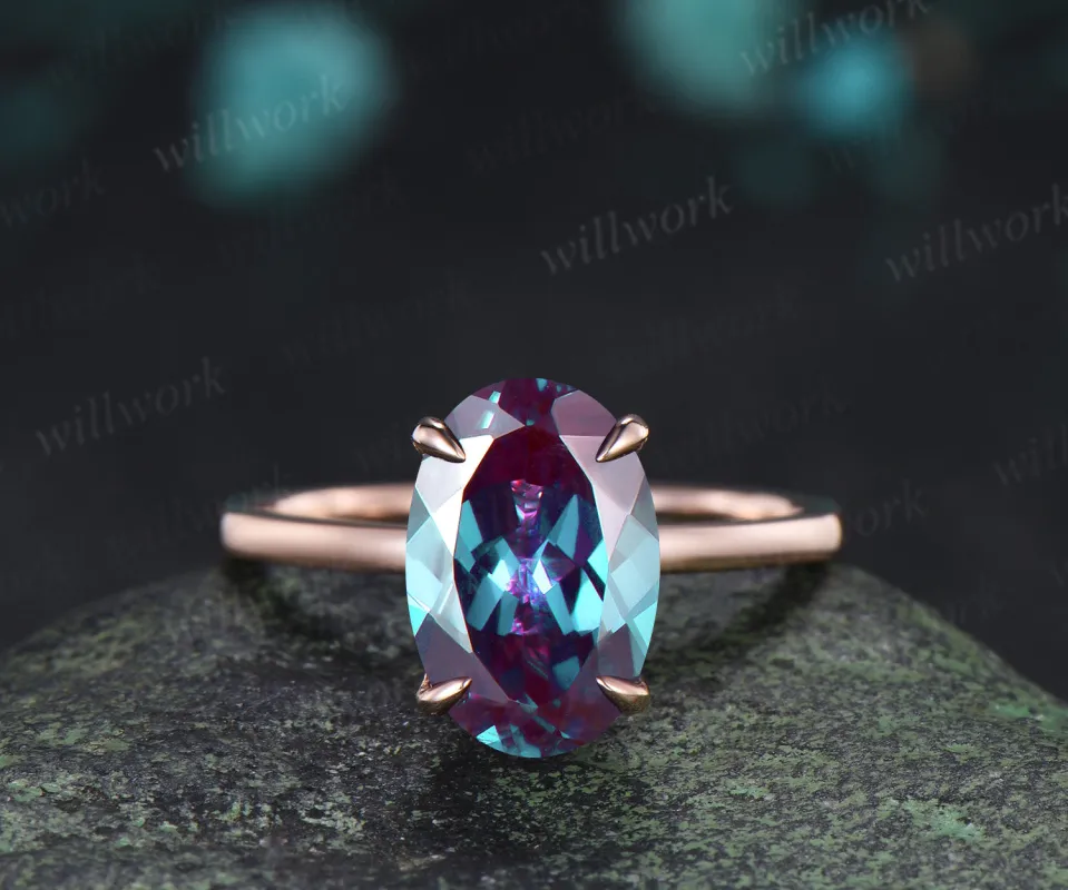 8x12mm Oval Cut Alexandrite Engagement Ring Diamond Hidden Halo Promise Ring Color Change Gemstone Ring made by Willwork Jewelry