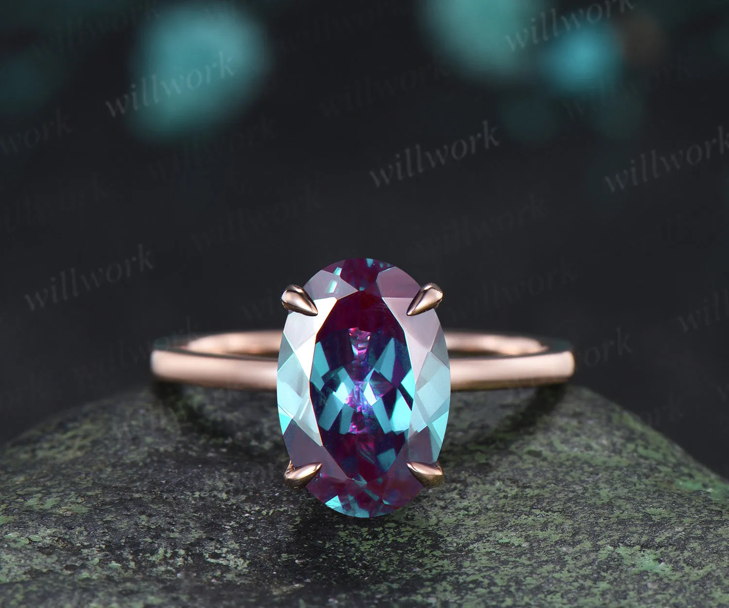 8x12mm Oval Cut Alexandrite Engagement Ring Diamond Hidden Halo Promise Ring Color Change Gemstone Ring sold by Willwork Jewelry