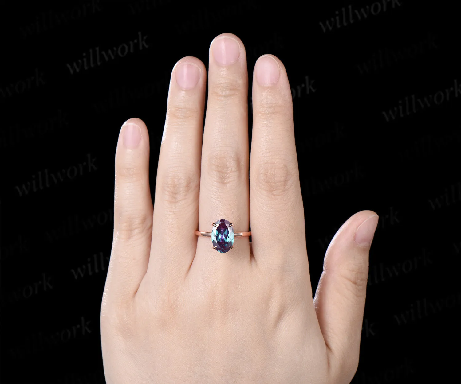 8x12mm Oval Cut Alexandrite Engagement Ring Diamond Hidden Halo Promise Ring Color Change Gemstone Ring sold by Willwork Jewelry product image thumbnail 2