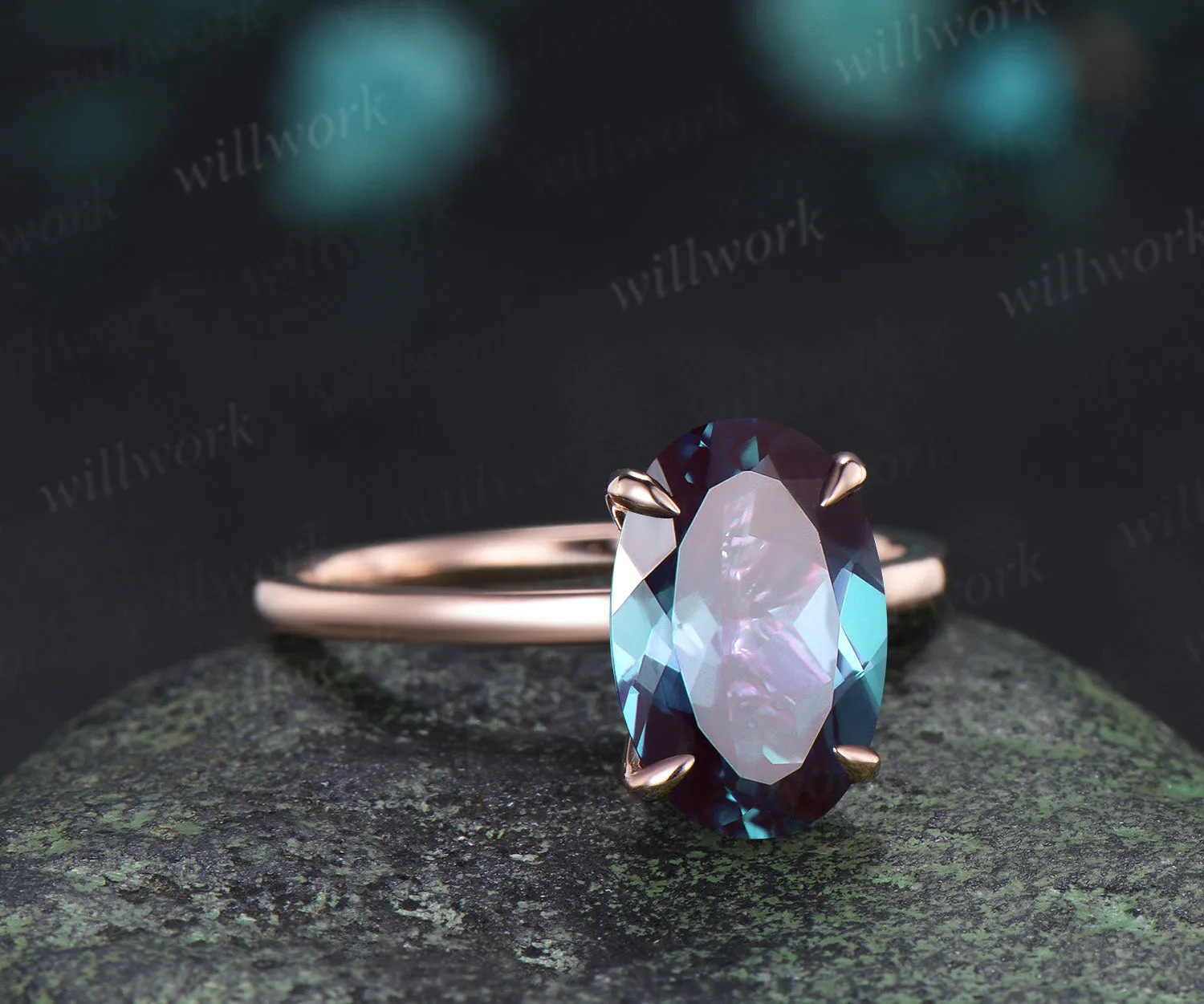 8x12mm Oval Cut Alexandrite Engagement Ring Diamond Hidden Halo Promise Ring Color Change Gemstone Ring sold by Willwork Jewelry product image thumbnail 3