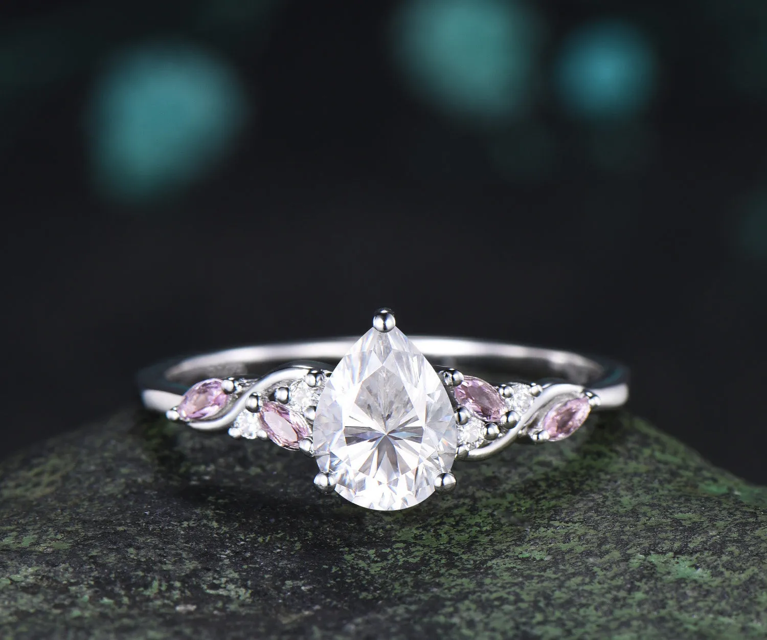 Teardrop Moissanite Engagement Ring Set Pink Morganite Cluster Ring Moon Star Black Spinl Wedding Band Pear Moissanite Bridal Set sold by Willwork Jewelry product image thumbnail 5