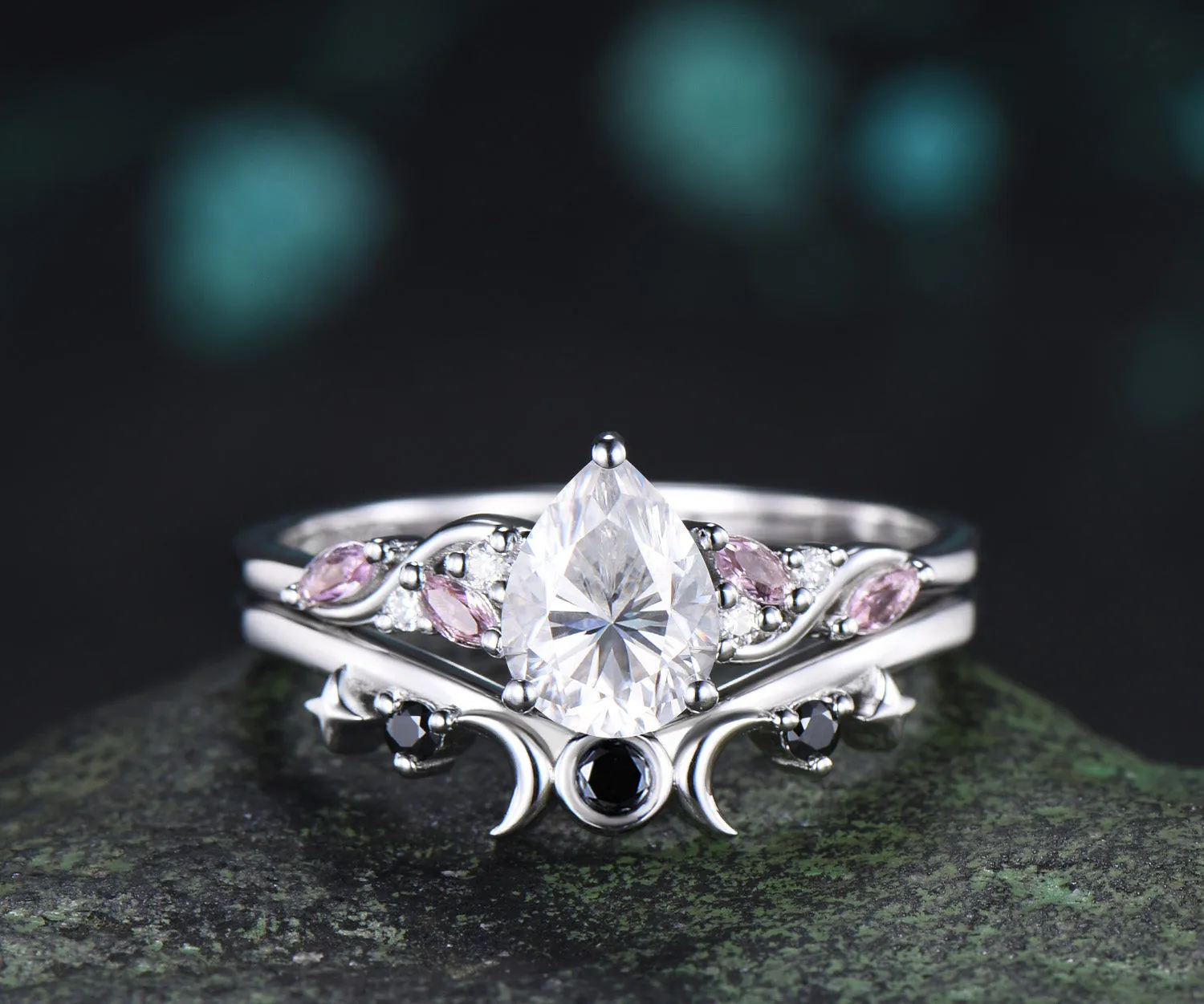 Teardrop Moissanite Engagement Ring Set Pink Morganite Cluster Ring Moon Star Black Spinl Wedding Band Pear Moissanite Bridal Set sold by Willwork Jewelry