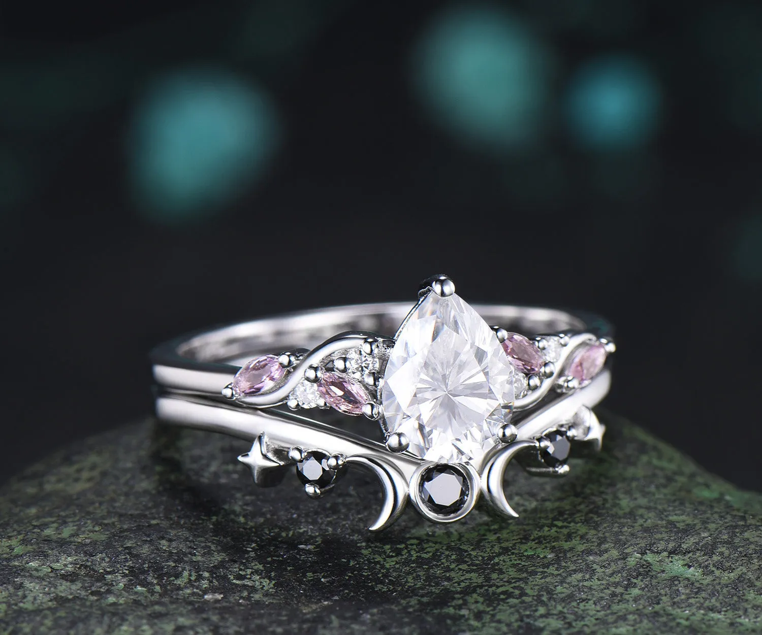 Teardrop Moissanite Engagement Ring Set Pink Morganite Cluster Ring Moon Star Black Spinl Wedding Band Pear Moissanite Bridal Set sold by Willwork Jewelry product image thumbnail 4