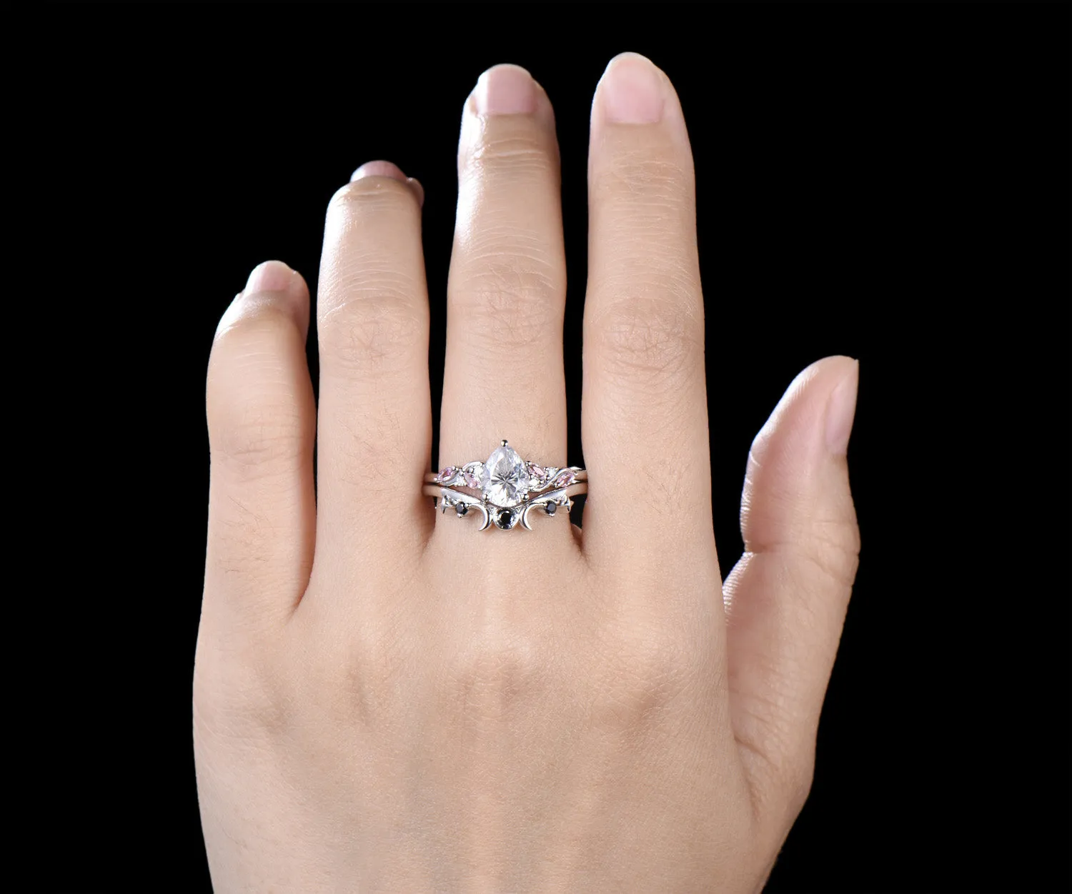 Teardrop Moissanite Engagement Ring Set Pink Morganite Cluster Ring Moon Star Black Spinl Wedding Band Pear Moissanite Bridal Set sold by Willwork Jewelry product image thumbnail 2