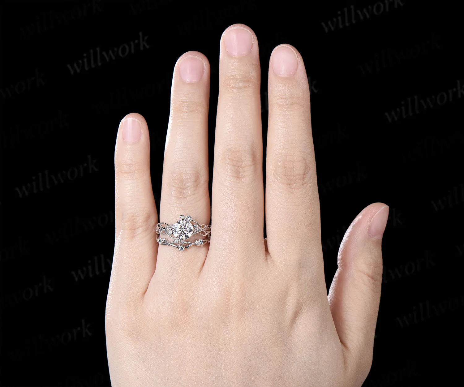 Round Moissanite Floral Ring 4 Prongs Twisted Promise Ring London Blue Topaz Leaf Vine Wedding Band Unique Bridal Ring sold by Willwork Jewelry product image thumbnail 2