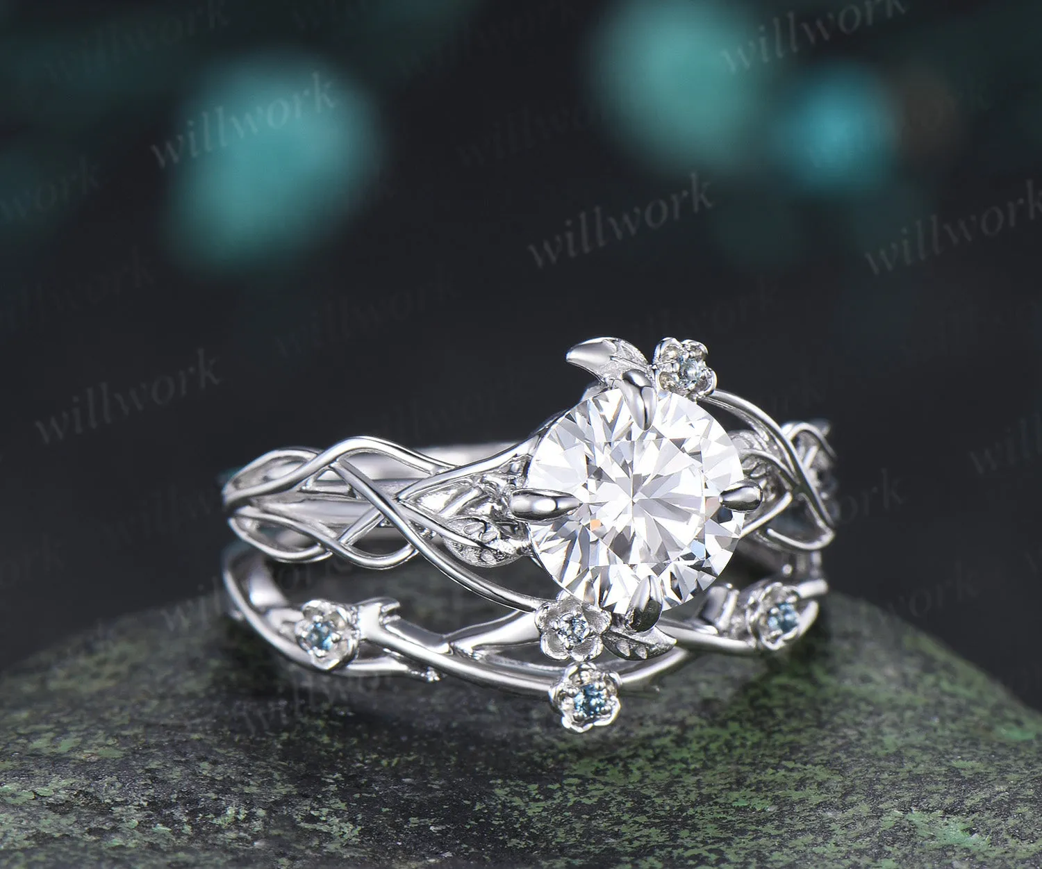 Round Moissanite Floral Ring 4 Prongs Twisted Promise Ring London Blue Topaz Leaf Vine Wedding Band Unique Bridal Ring sold by Willwork Jewelry product image thumbnail 5