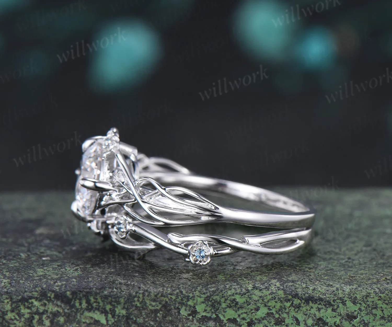 Round Moissanite Floral Ring 4 Prongs Twisted Promise Ring London Blue Topaz Leaf Vine Wedding Band Unique Bridal Ring sold by Willwork Jewelry product image thumbnail 3