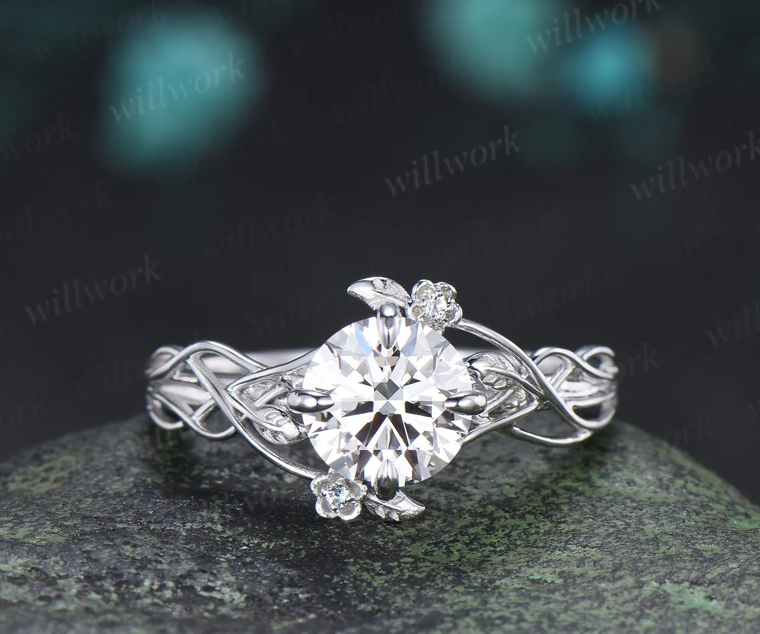 Round Moissanite Floral Ring 4 Prongs Twisted Promise Ring London Blue Topaz Leaf Vine Wedding Band Unique Bridal Ring sold by Willwork Jewelry product image thumbnail 4