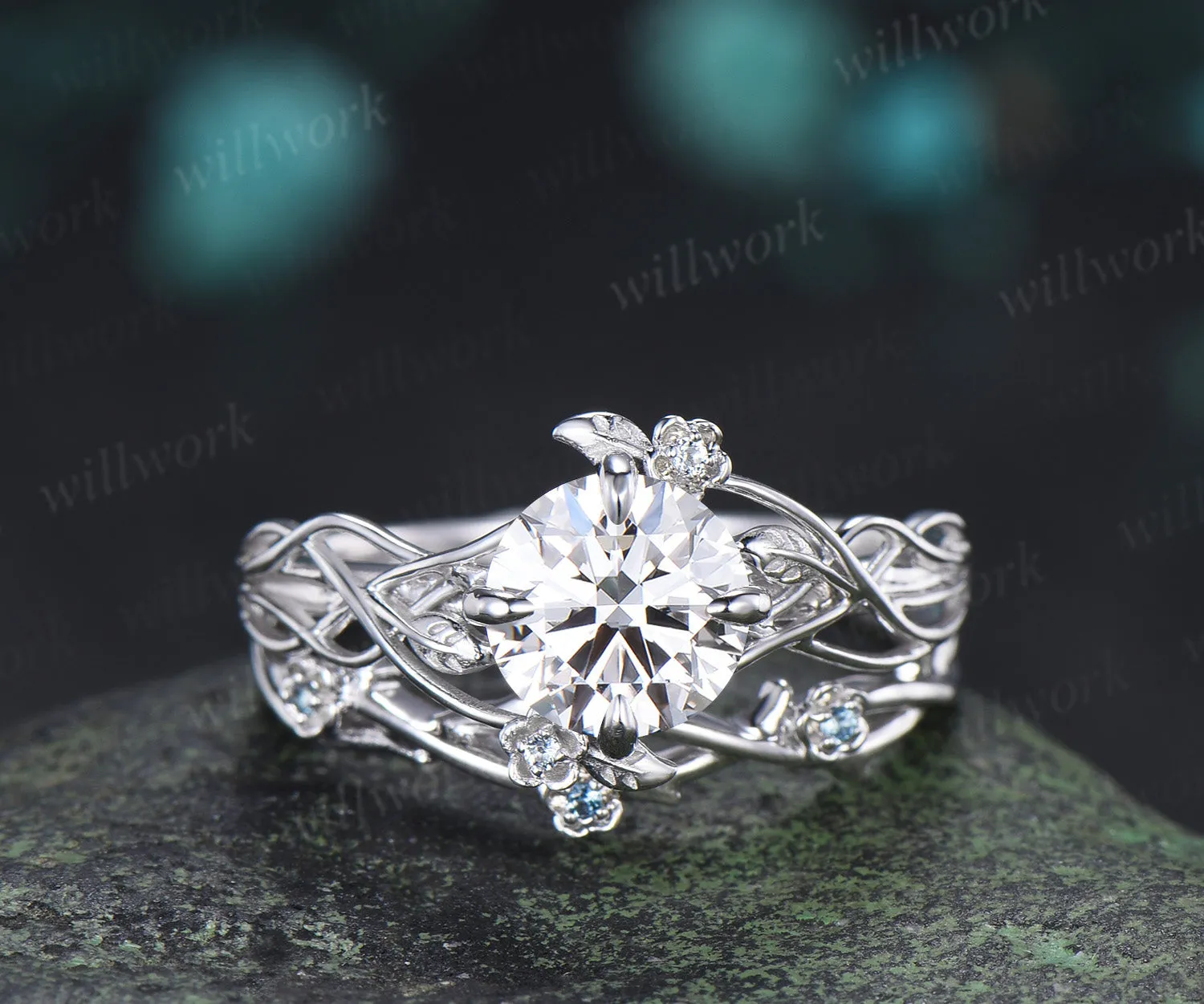 Round Moissanite Floral Ring 4 Prongs Twisted Promise Ring London Blue Topaz Leaf Vine Wedding Band Unique Bridal Ring sold by Willwork Jewelry