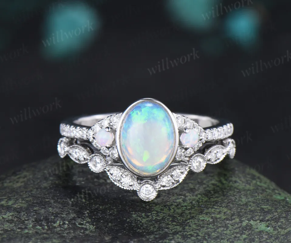 Vintage Australian Opal Engagement Ring Set Bezel Natural Opal Diamond Ring Milgrain Half Eternity Band Unique Bridal Set made by Willwork Jewelry