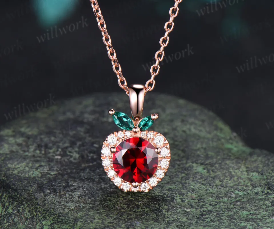 Round Ruby Apple Necklace Marquise Emerald Moissanite Halo Pendant Cute Fruit Inspired Necklace for Women made by Willwork Jewelry
