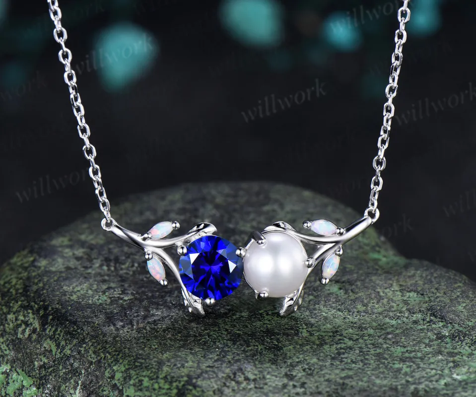 1ct Round Sapphire Pearl Leaf Vine Necklace Toi et Moi Pendant with Opal Unique Couple BFF Necklace Gifts made by Willwork Jewelry
